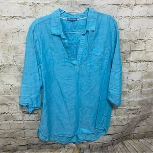 Fleur Bleve Blue Linen Cotton Roll Tab 3/4 Sleeve Casual Tunic Top